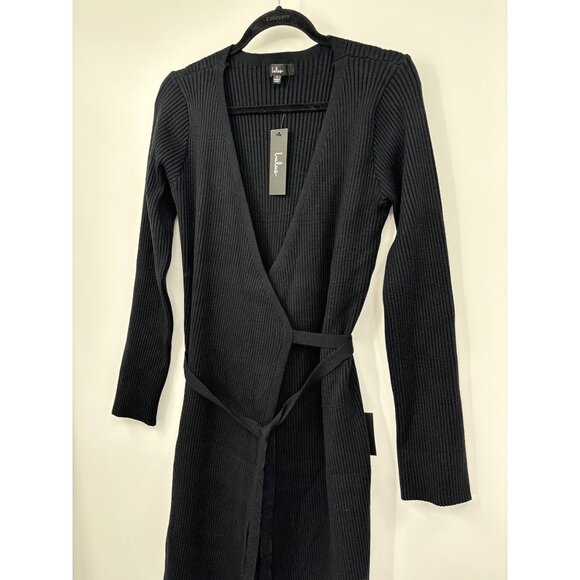 Lulus Ribbed Surplice Wrap Midi Sweater Dress Duster Cardigan Black Large NEW - Picture 3 of 8